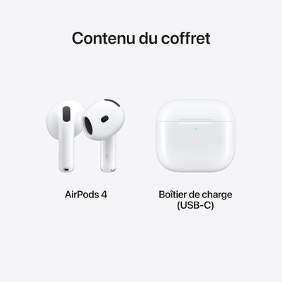 Apple AirPods 4 Écouteurs sans Fil, Casques et écouteurs Bluetooth, Audio Spatial personnalisé, résistance à la Transpiration et l’Eau, boîtier de Charge USB-C, Puce H2, Jusqu’à 24 Heures d’autonomie