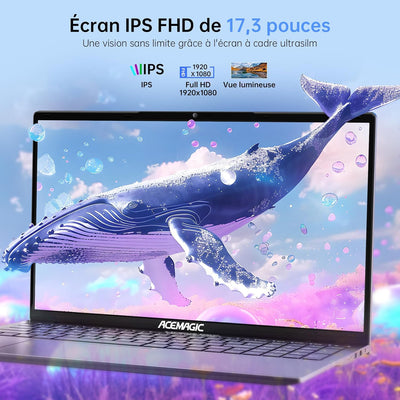 ACEMAGIC Ordinateur Portable 17,3 Pouces PC Portable 16 Go Ram DDR4 512 Go SSD Extension 2TB 4 cœurs N-97,(Jusqu'à 3.6Ghz) Capacité de 6000Mah,3*USB3.2,BT5.0,HDMI,Laptop Argenté